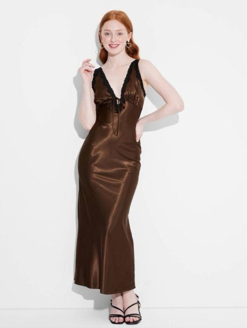 Brown Satin Slip Dress with Lace Trim wild fable large